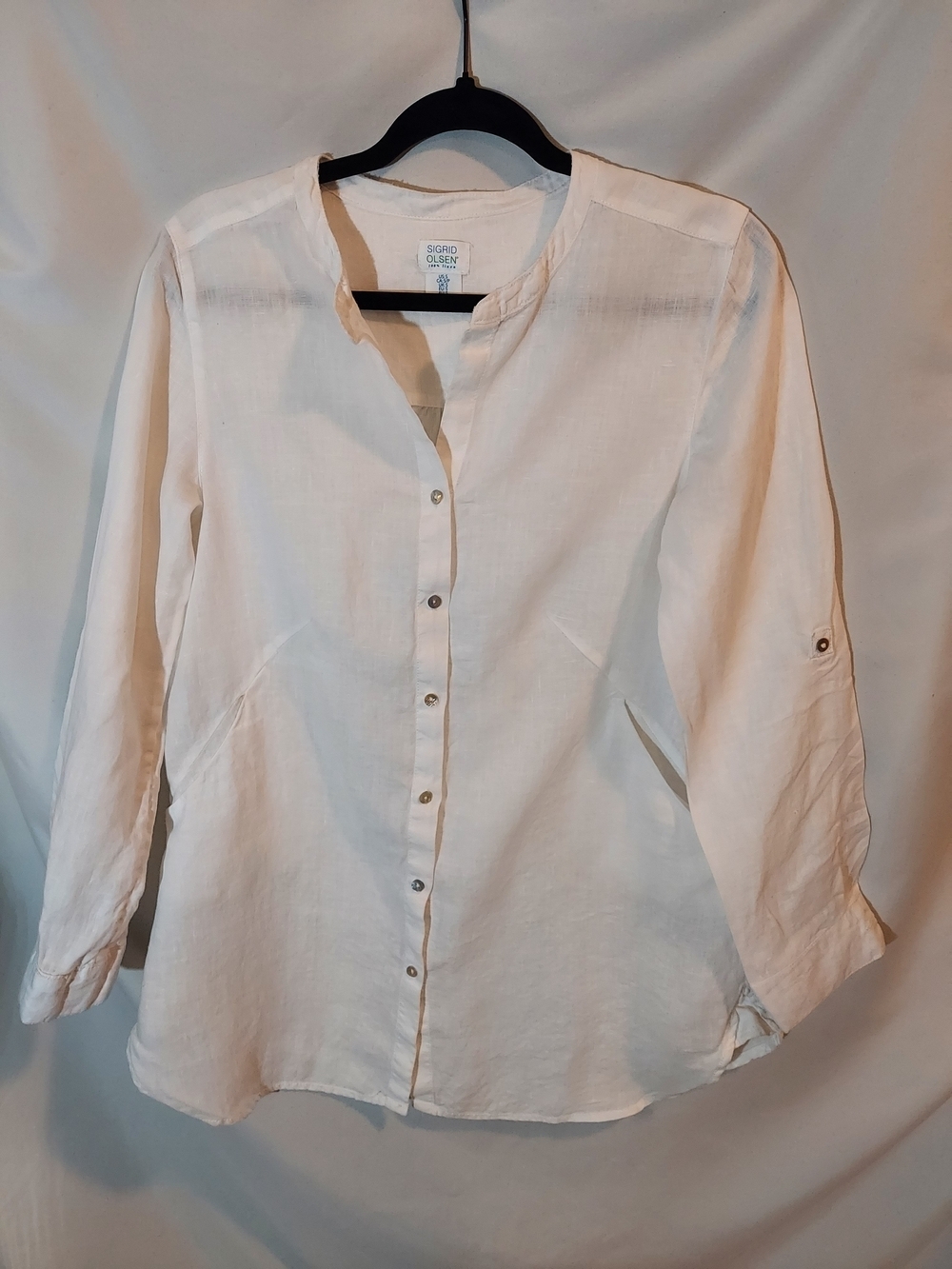 Sigrid Olsen White Linen Roll Tab Sleeve Button-Down Shirt